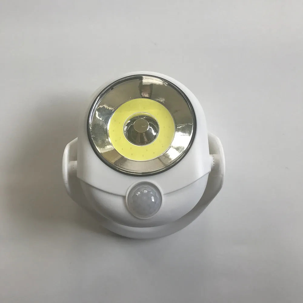 White atomic angel induction light with ABS plastic housing measuring 13.3cm by 9.8cm by 15.8cm