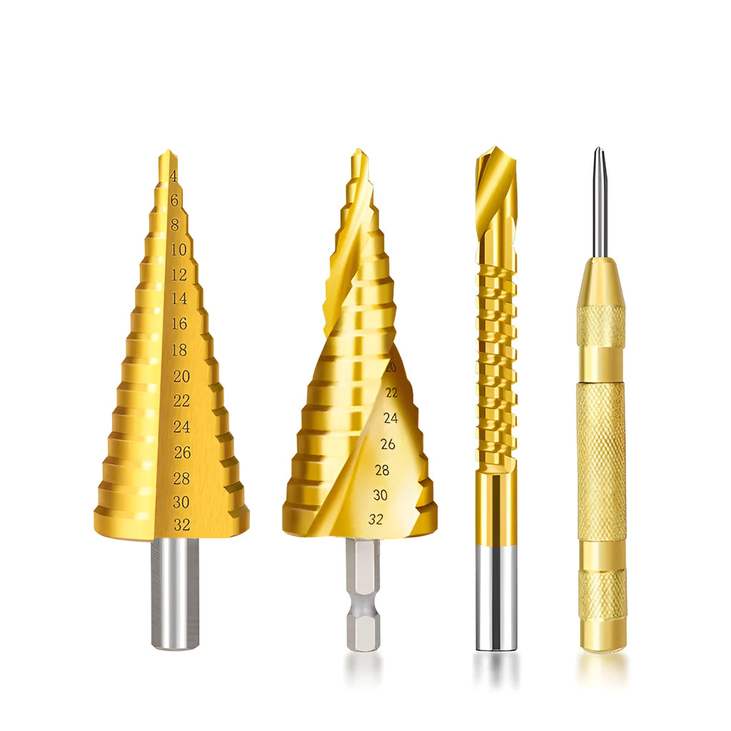 Cone drill bit punch set with high-speed steel step drills and centre punch in colour-coded options