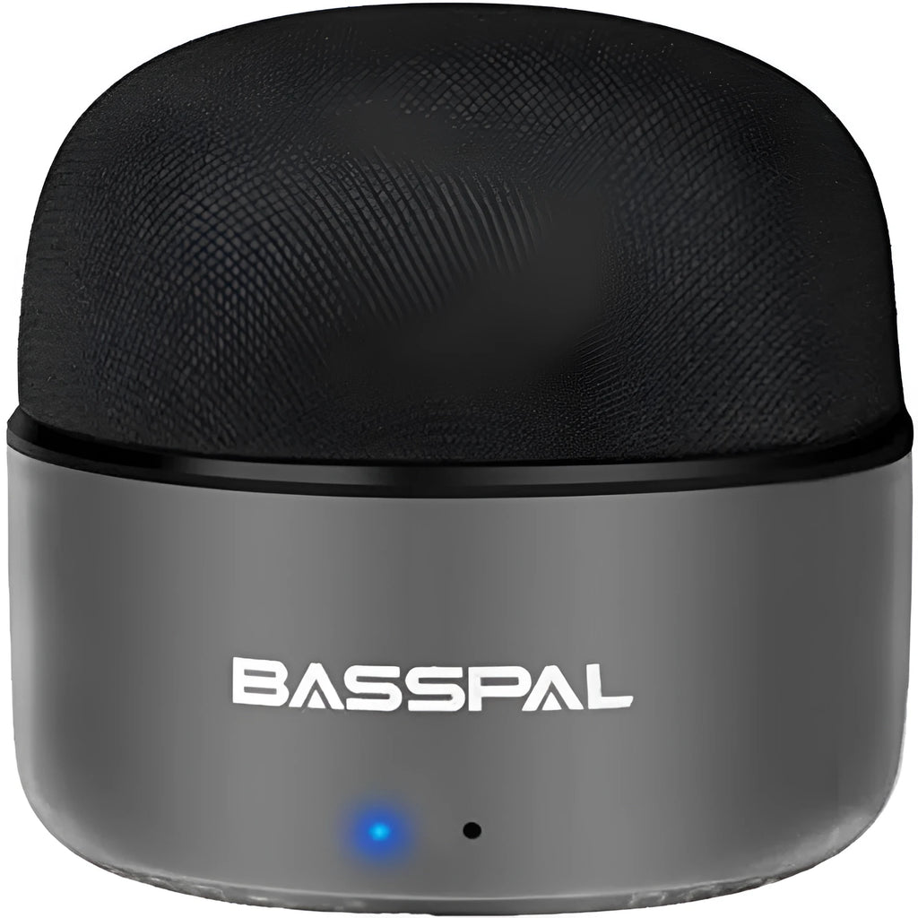 Black portable mini Bluetooth speaker with buttons, shown next to a mobile phone indicating wireless connectivity.