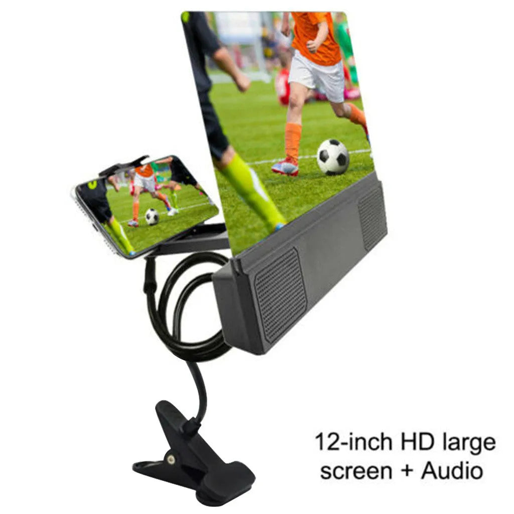 12-inch mobile phone screen amplifier with gooseneck stand and built-in speakers