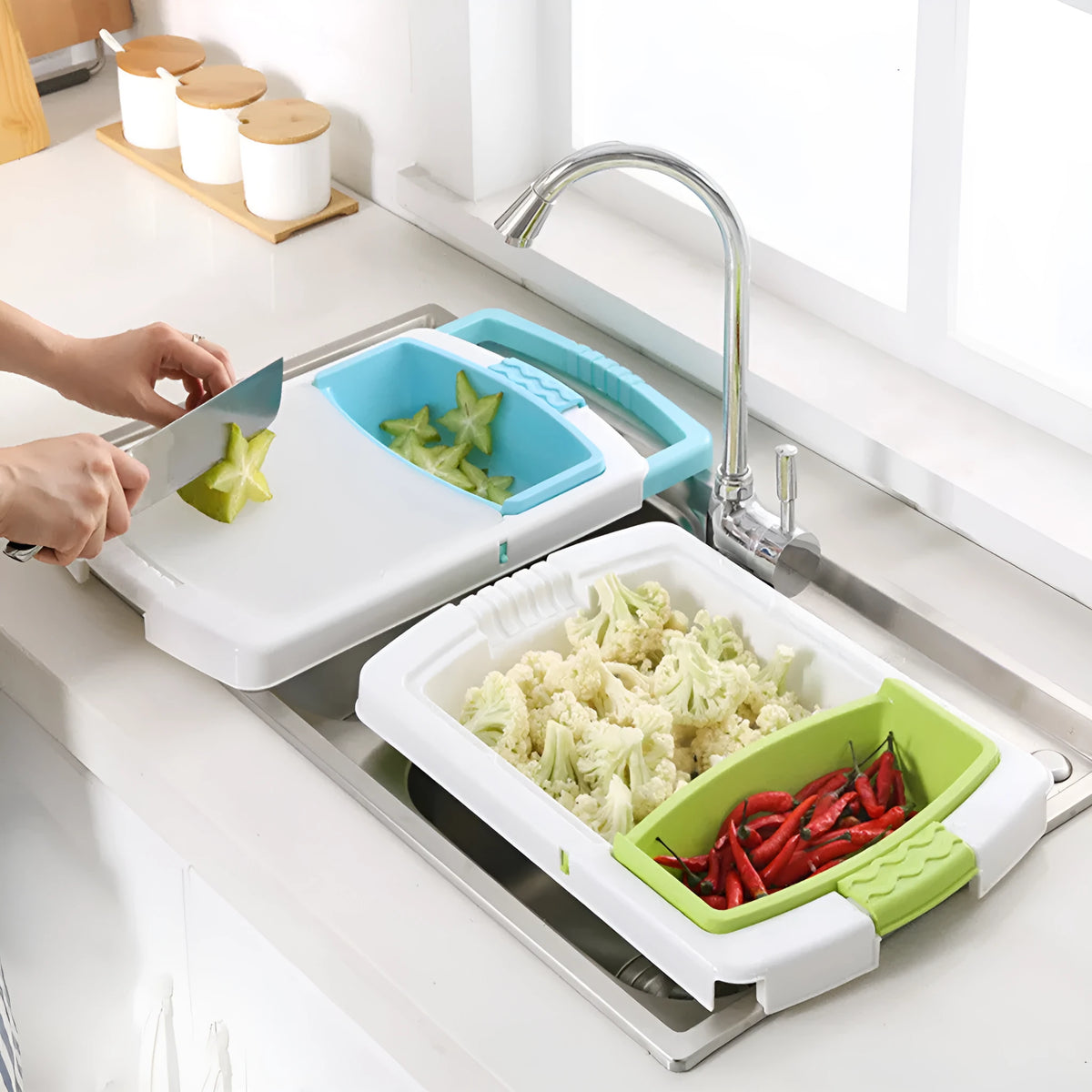 Multi-function kitchen drain cutting board in green, blue or grey, 48x8.7x25cm, with sink basket and storage trough.