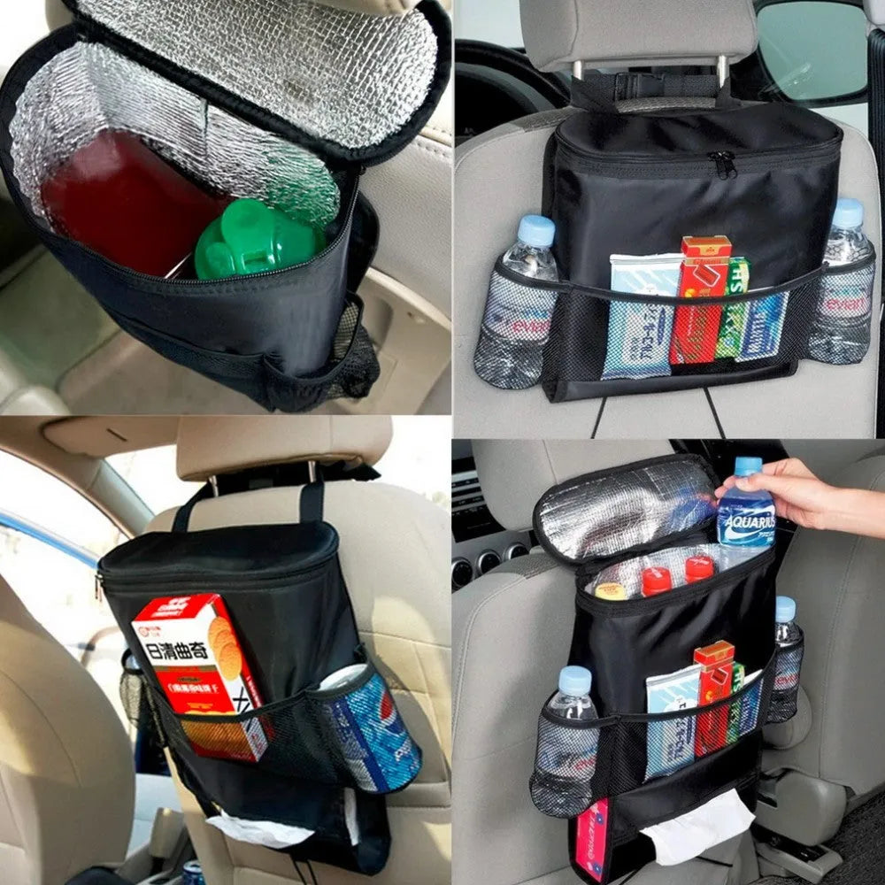 Black nylon universal car seat back organiser multi-pocket storage bag with adjustable straps and tissue holder