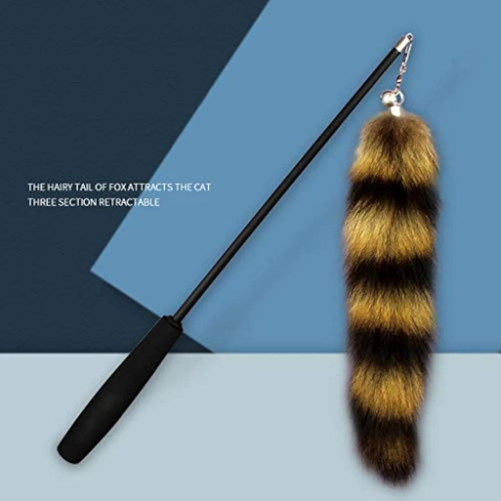 Black cat toy wand with feather attachment and long elastic string for interactive play
