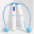 Smart counting skipping rope with PU cord, LED HD screen, calorie record, and 360-degree anti-wind rotation in black white, blue white, or pink white.