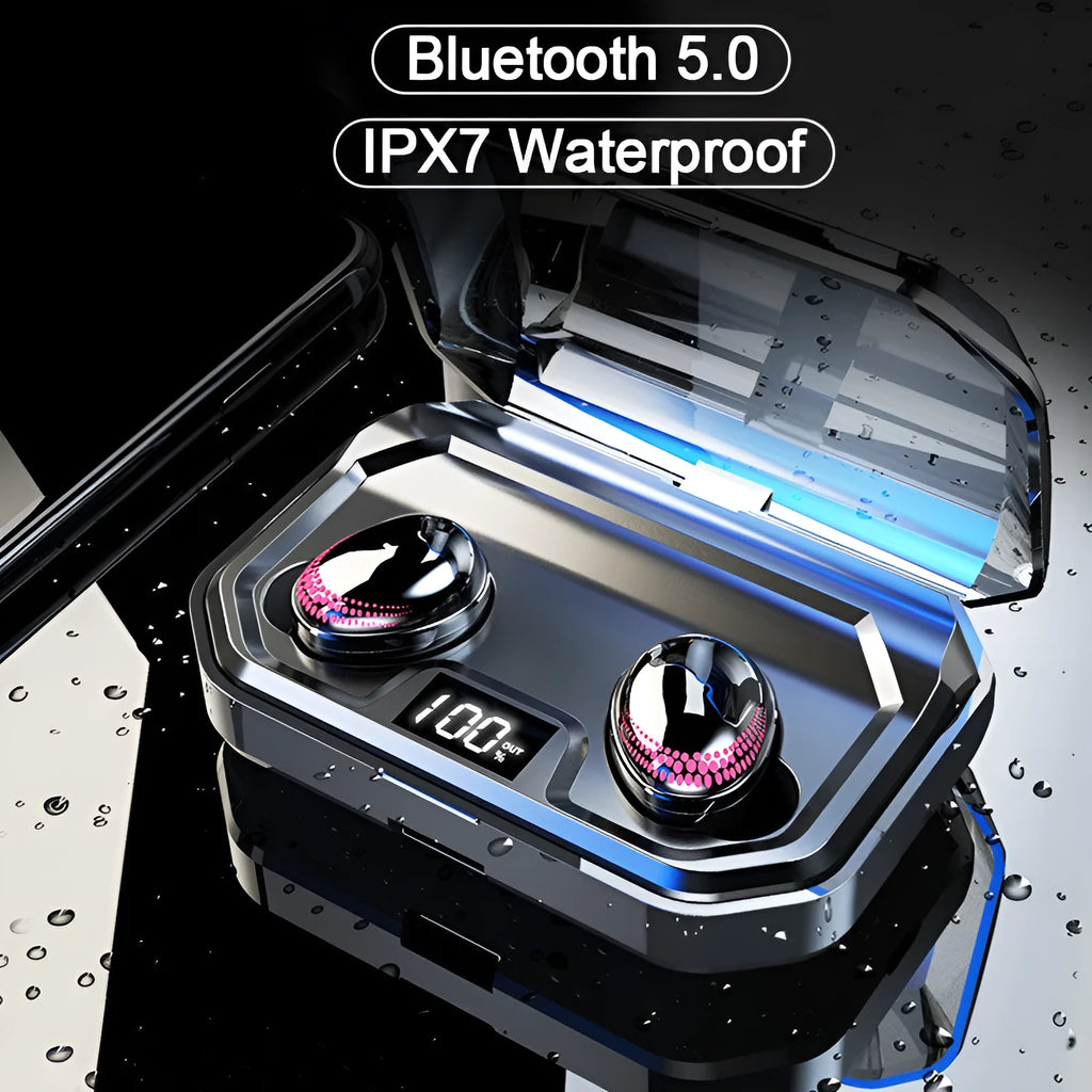Black X10 wireless Bluetooth earbuds and their rectangular charging case on a white background.