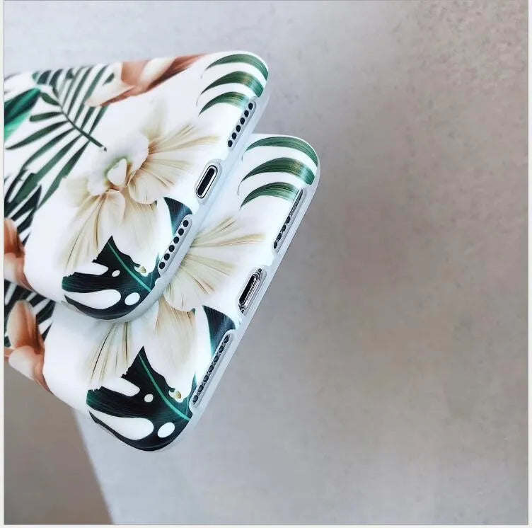 Soft TPU iPhone case with banana leaf floral pattern for multiple models