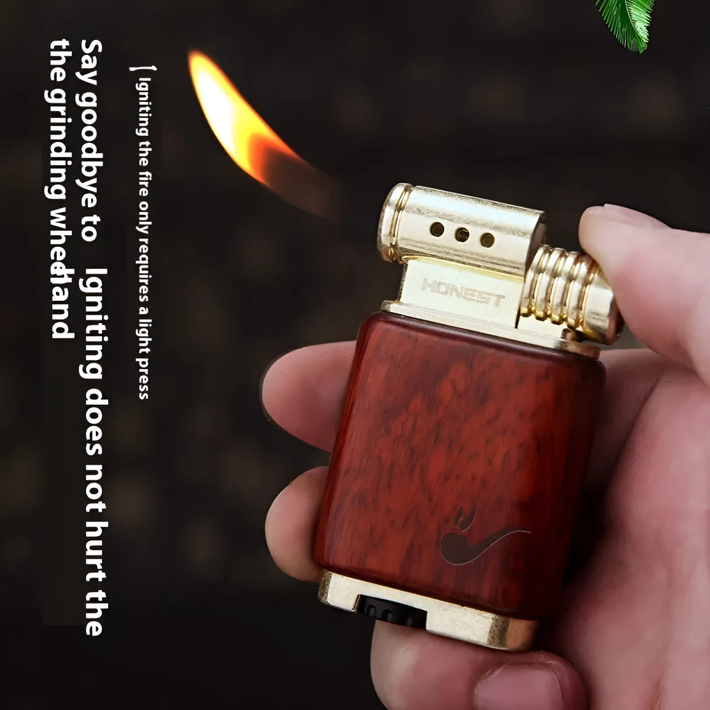 Ebony gas lighter with metal construction and decorative black wood finish