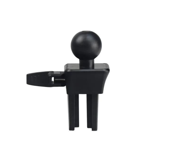 Black plastic car mobile phone holder mounted on air conditioning vent holding smartphone