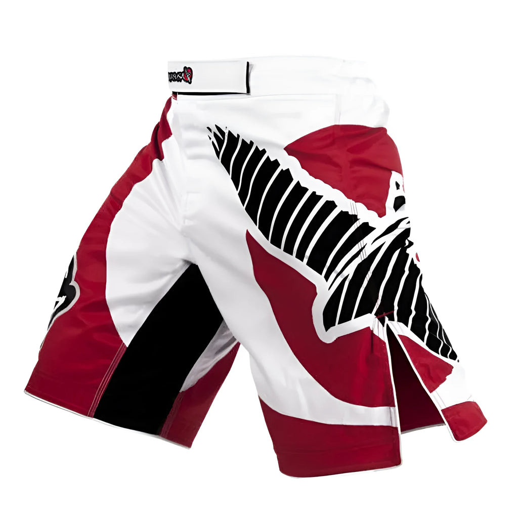 Loose Lycra free kick fighting training shorts in Black, Blue, or Red, sizes 3XL to M