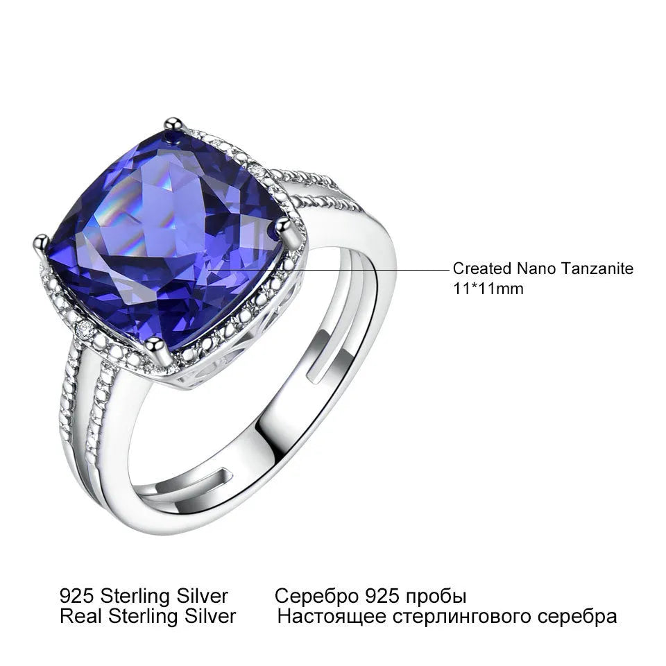 Close-up of a blue tanzanite stone set in a sterling silver women's ring.