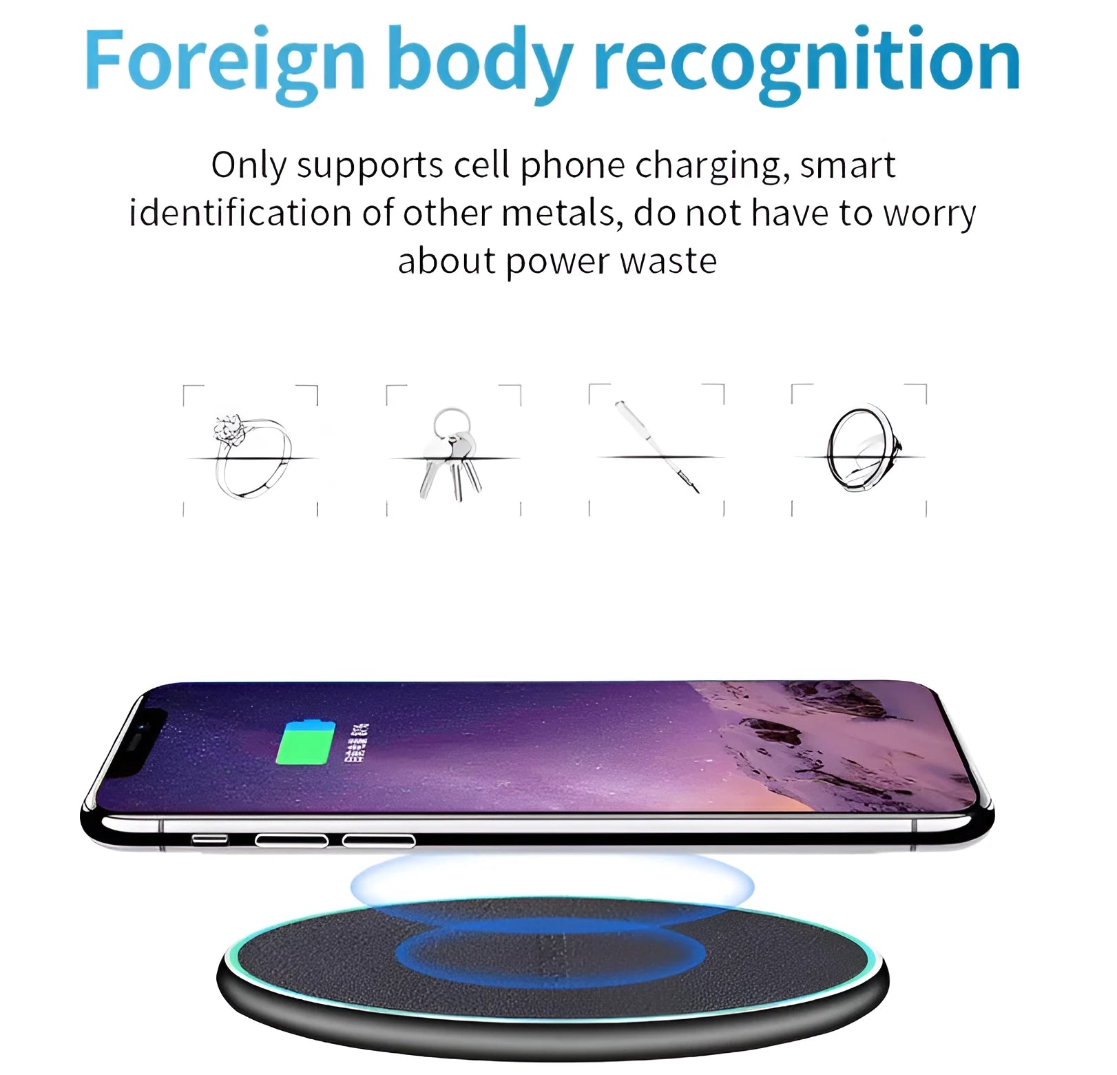 Black Quick Qi wireless charging pad on a desk, compatible with iPhone 11.