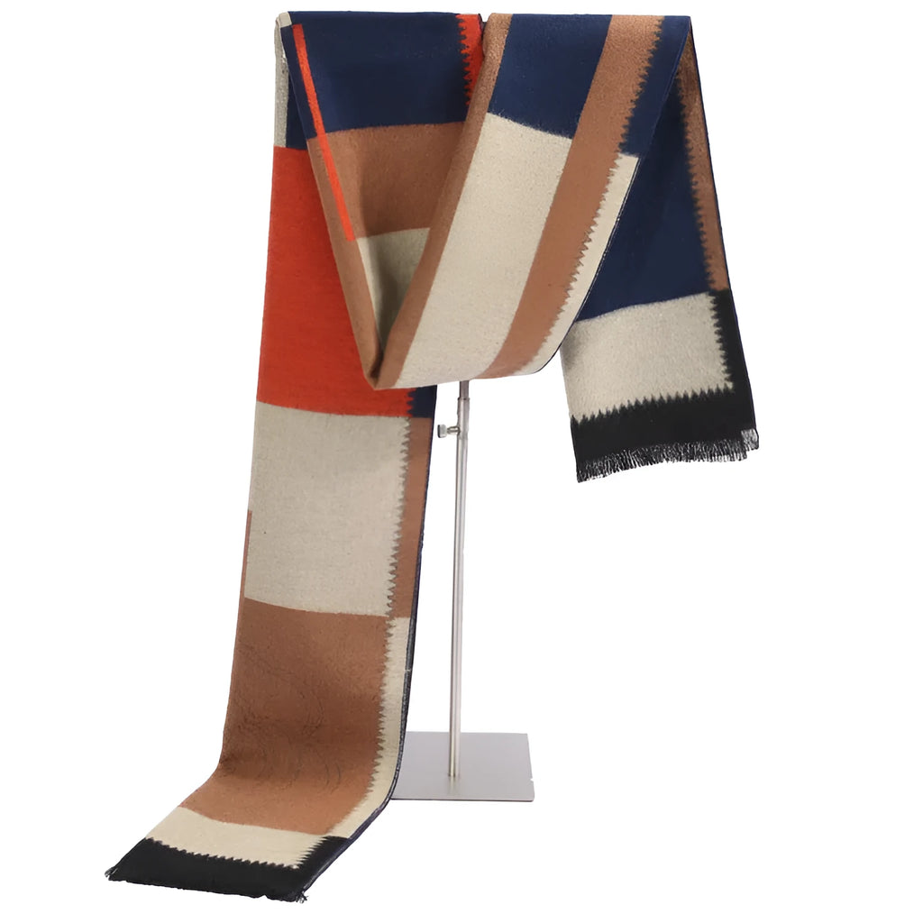 Buddha pattern imitation cashmere scarf in camel, 180x30cm with tassels, warp knit jacquard design