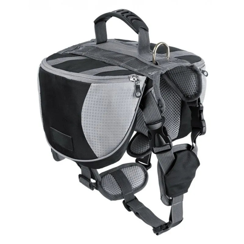 Dog hiking pack with adjustable neck, breathable mesh, reflective tape and large capacity in black