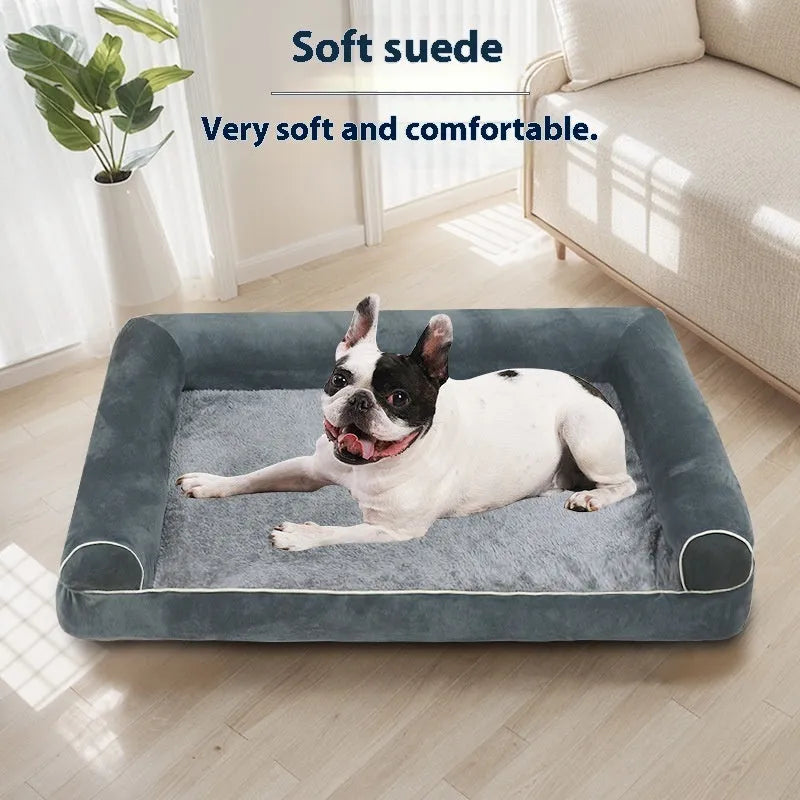 Blue sponge square dog bed for large breeds on a wooden floor