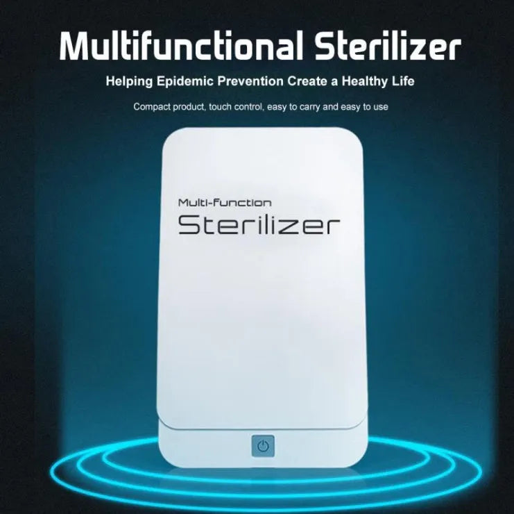 Blue UV mobile phone steriliser disinfection box with touch switch, lid open showing interior chamber.