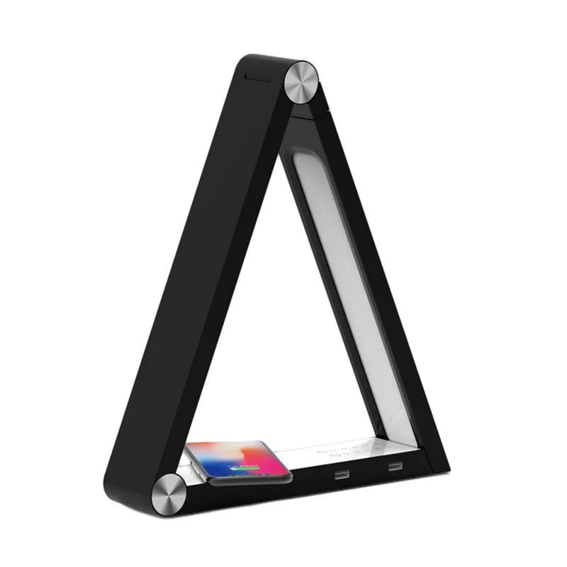 LED triangle desk lamp with wireless charging pad and USB port, 93 CRI, touch dimming, black colour