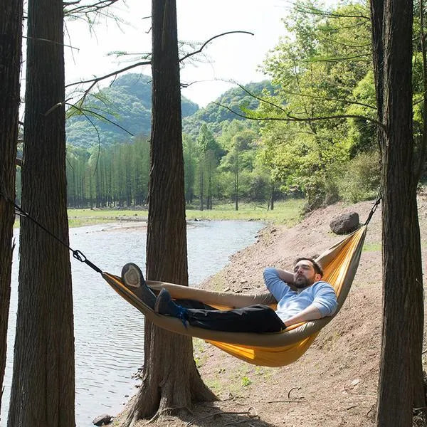 Anti rollover camping double hammock in 201T high fibre nylon, shown in a choice of five colours