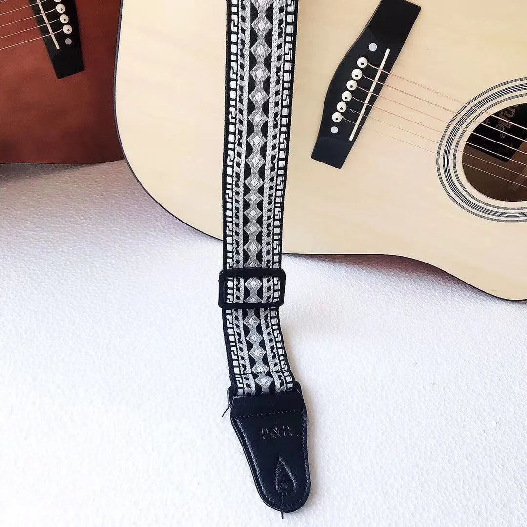 Adjustable embroidered guitar strap with thick webbing, 5cm width, 135-150cm length, six style options