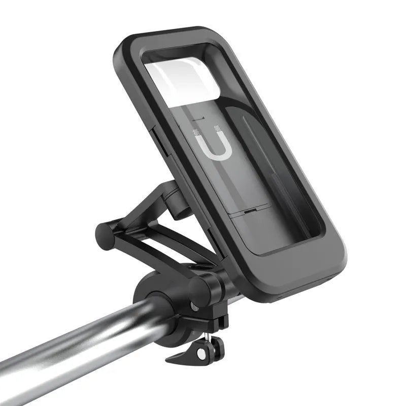 Black waterproof bike phone holder mount with magnetic suction for 4 to 6.7 inch phones on handlebar
