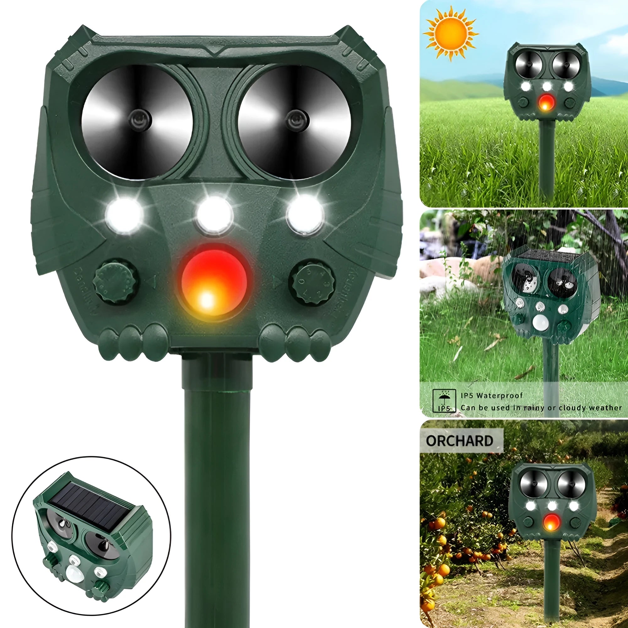 Green solar ultrasonic animal repeller unit showing dimensions and outdoor installation.