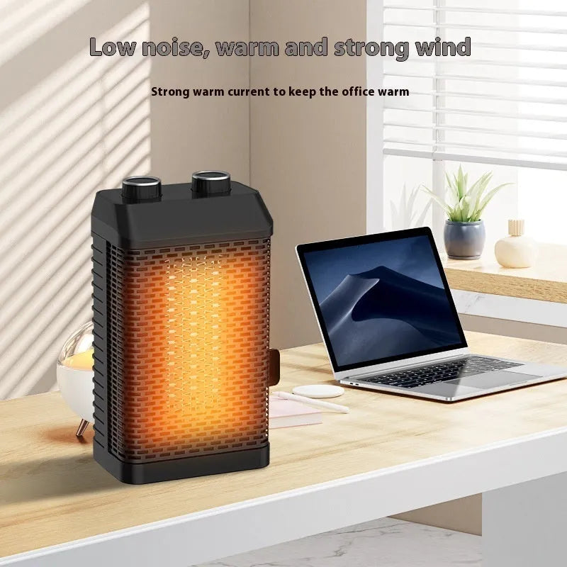 Black remote control desktop electric heater showing compact size and control panel