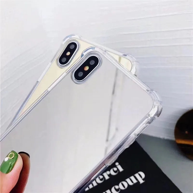 TPU mirror phone case for iPhone showing reflective back and soft protective edges