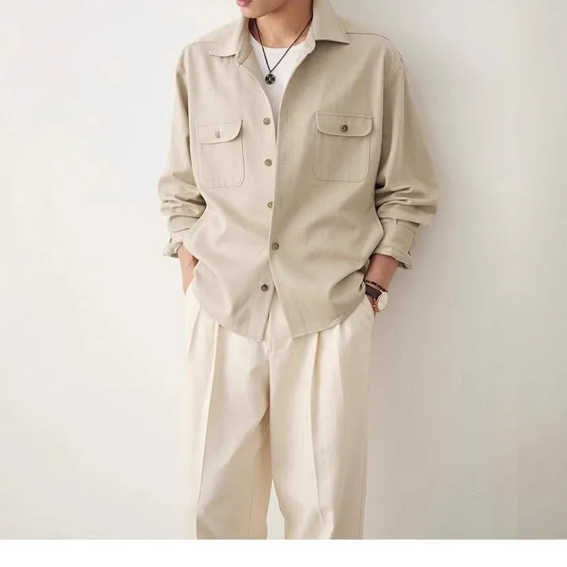 Men's long sleeve shirt with cotton fabric lapel in light sand rice colour, showing simple profile design