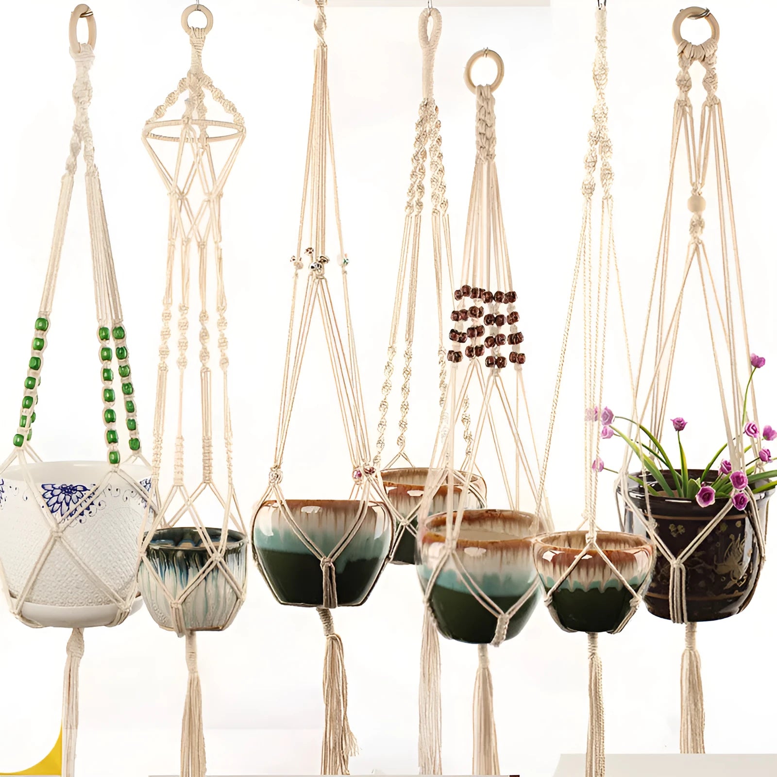 Woven wire plant basket with cotton rope material in desktop and wall hanging configurations