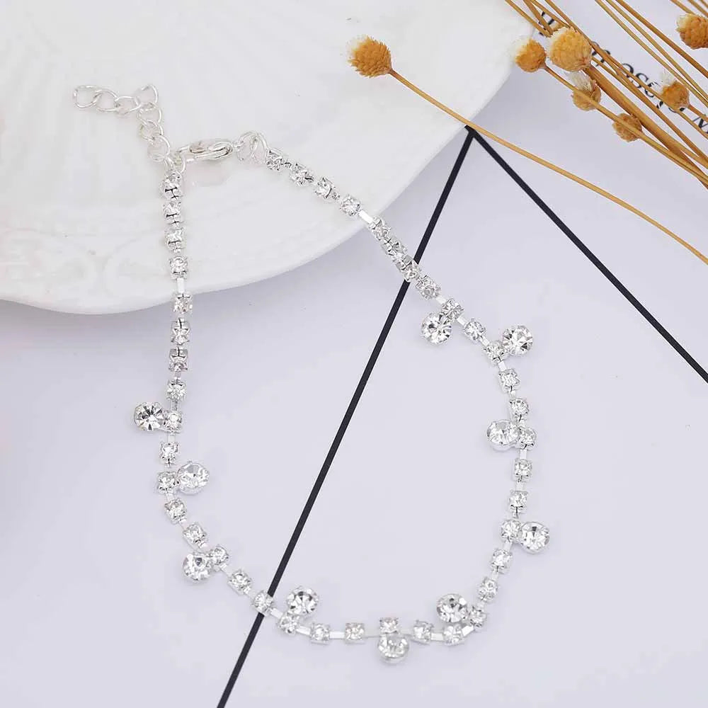 Silver tone water drop anklet with tassel and inlaid stone detail, 24+5 cm women's anklet