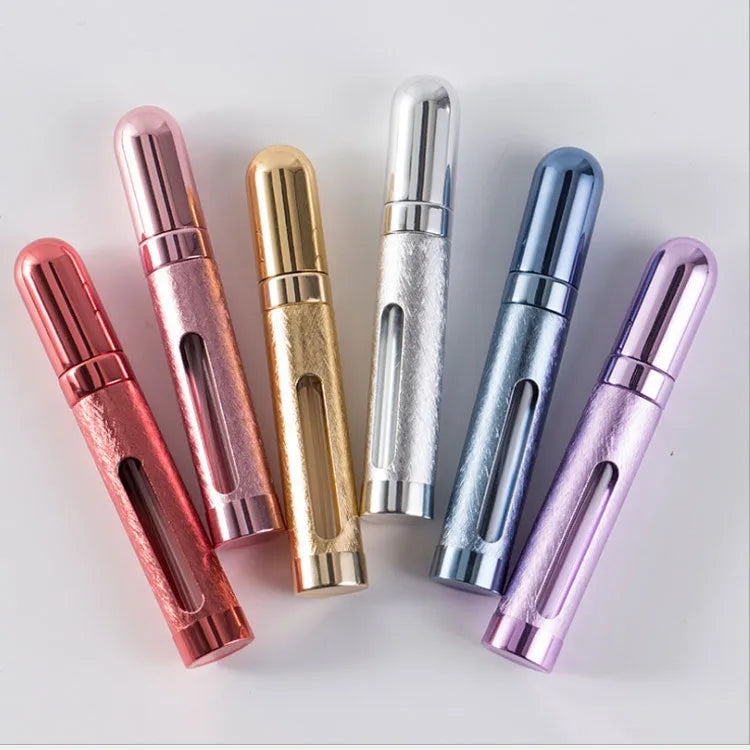 12ml portable perfume bottle, aluminium bottle with glass liner, 115mm x 20mm, 24g, shown in blue gold pink red silver violet