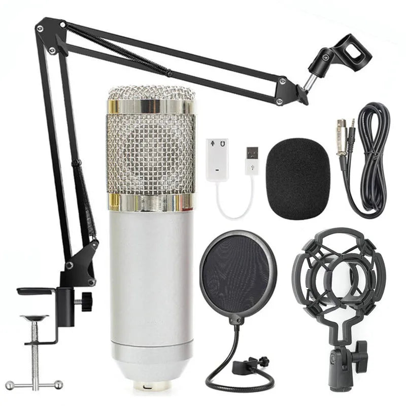 BM-800 condenser microphone stand set in various colours on a desktop