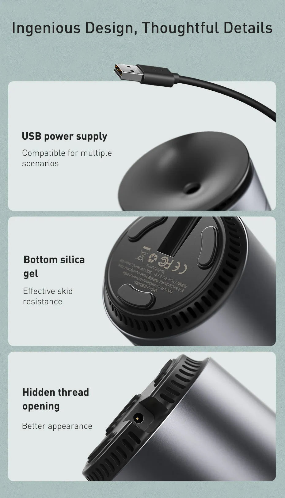 12V metal car air purifier in grey or silver, designed for in-car use