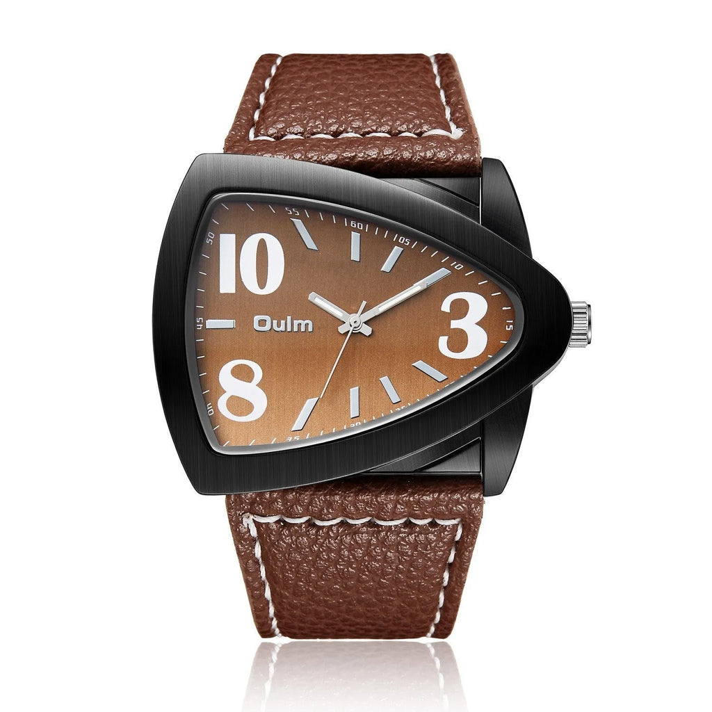 Men's casual analogue watch with triangle pattern band, shown in brown, black, and blue colour options.
