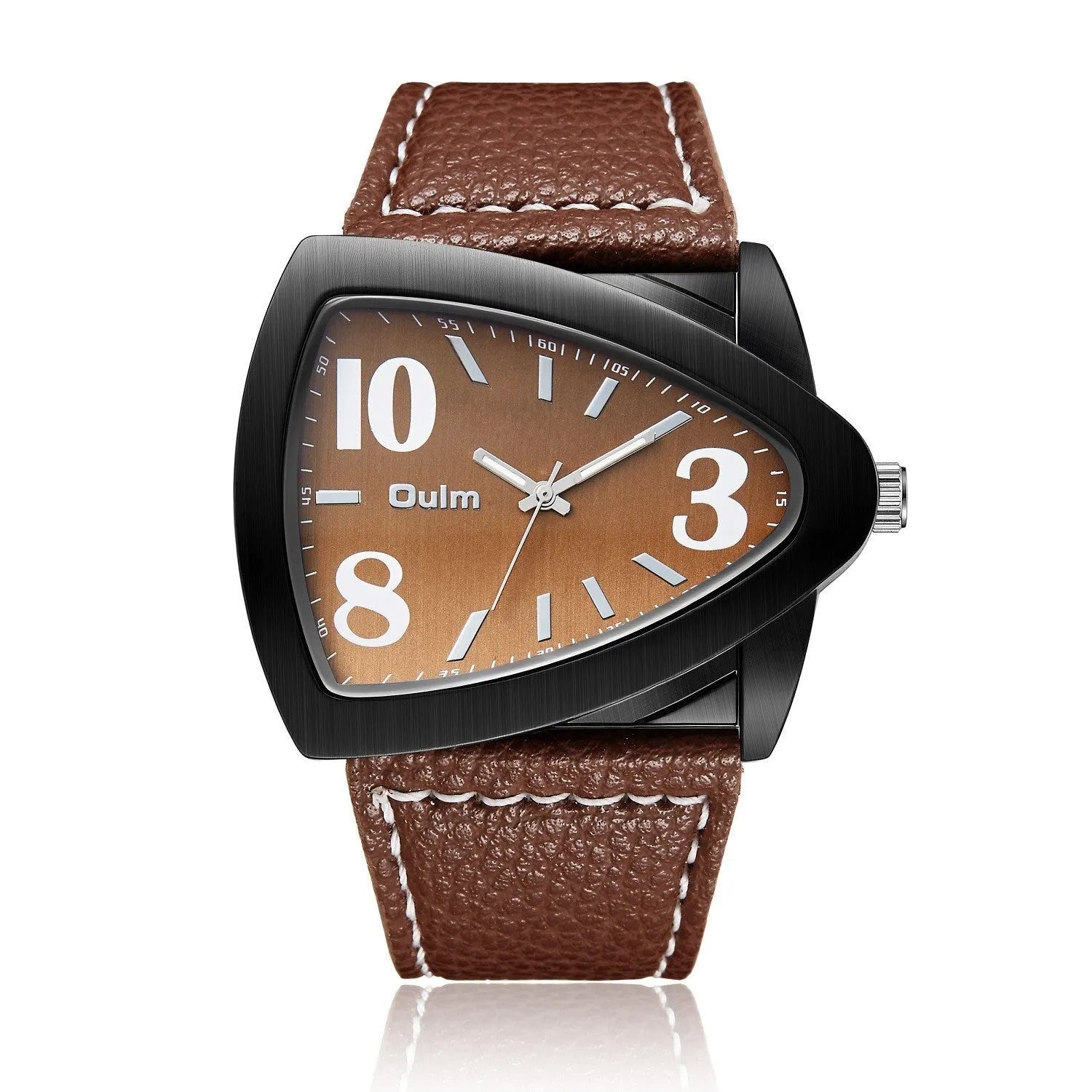 Men's casual analogue watch with triangle pattern band, shown in brown, black, and blue colour options.