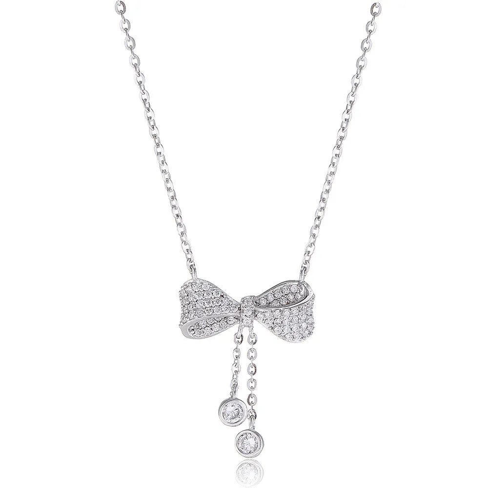 S925 sterling silver bow clavicle chain necklace with adjustable 40cm-45cm O-ring chain and electroplated finish