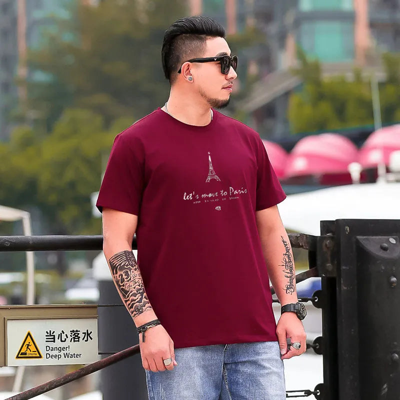Eiffel Tower printed men's loose plus size T-shirt with short sleeves and round neck in black, claret or dark green.