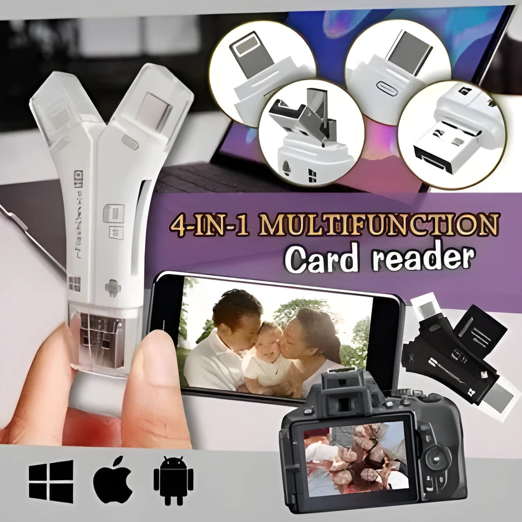 White 4-in-1 mobile phone card reader with Lightning, USB, Micro USB, and Type-C ports