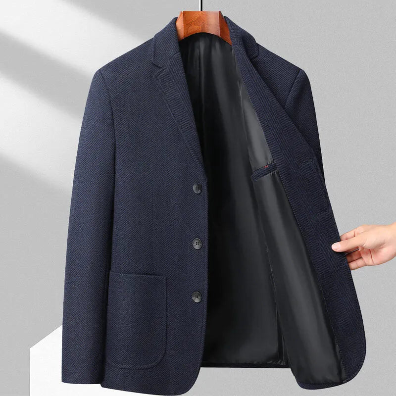 Men's loose fit solid colour wool-blend coat in black, shown on a model.