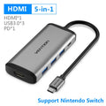 Deep grey USB-C multiport hub with HDMI, USB 3.0, Ethernet, and card reader ports on a desk.