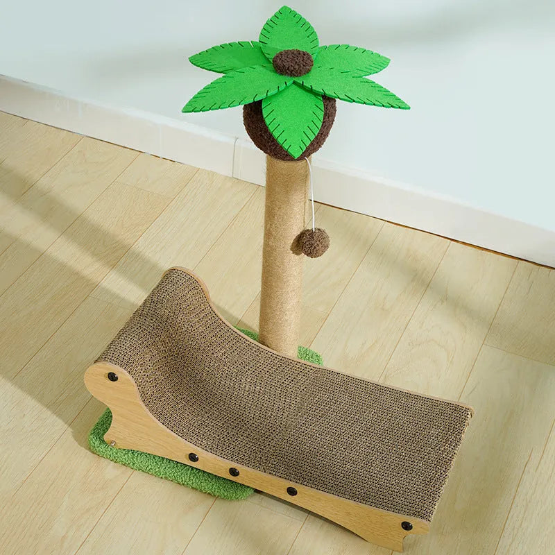 Wooden beach chair style cat bed with integrated scratch board and hemp mat surface
