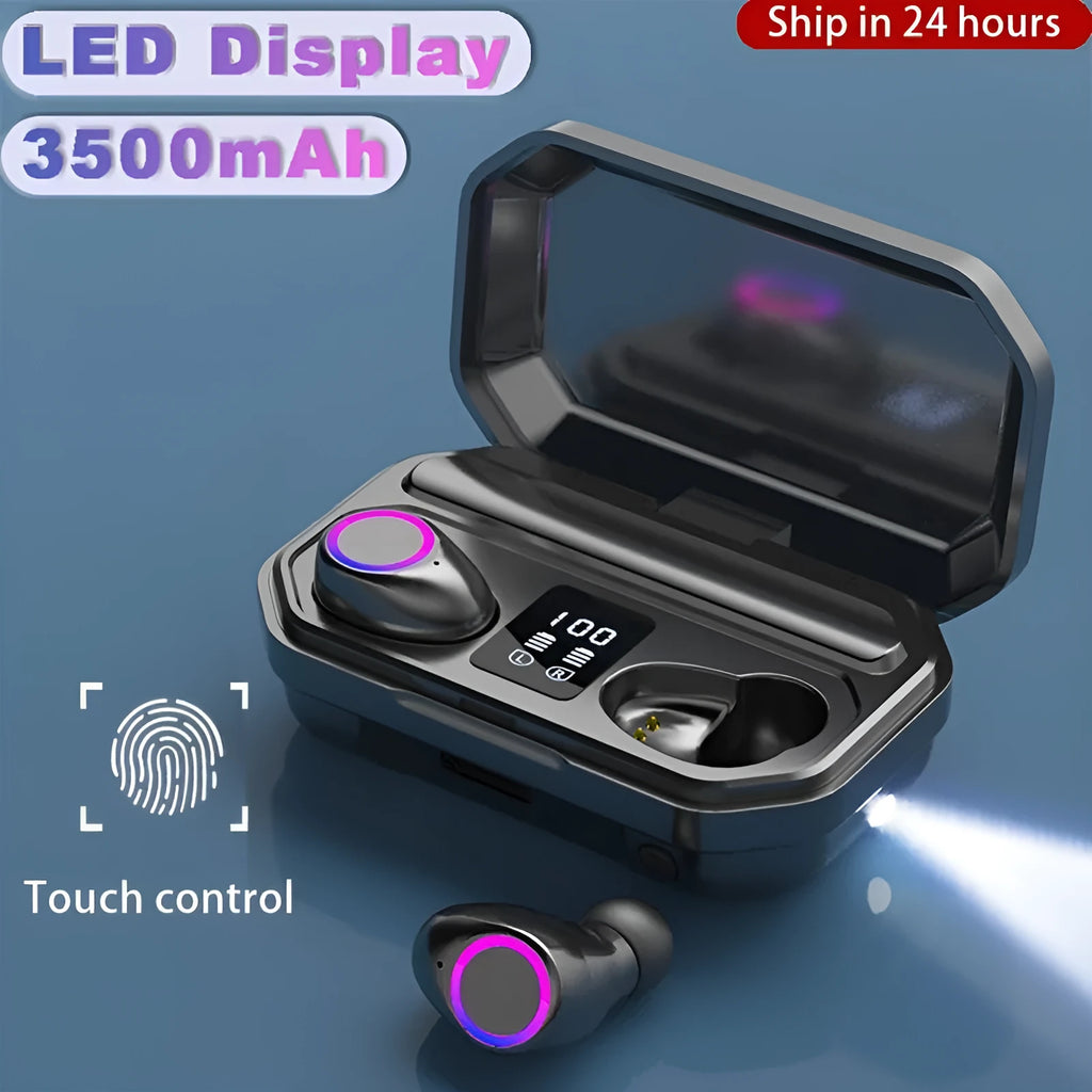 Wireless Bluetooth headset with LED battery display on charging case
