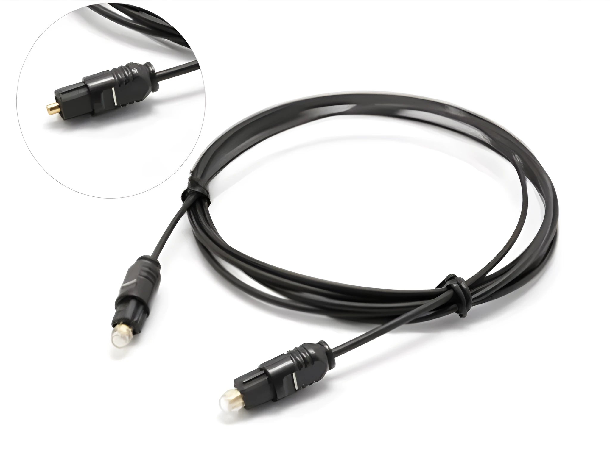 OD2.2 digital audio fibre optic cable with Toslink connectors on a white background.