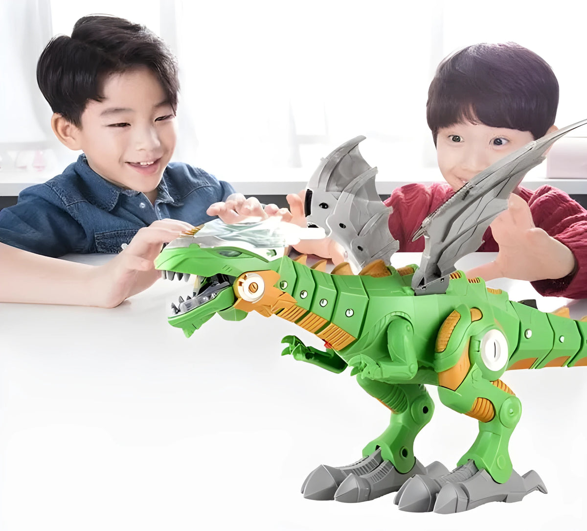 Intelligent robot toy dinosaur with sound, light, and water spray mist, 47x27x18cm, in white or green