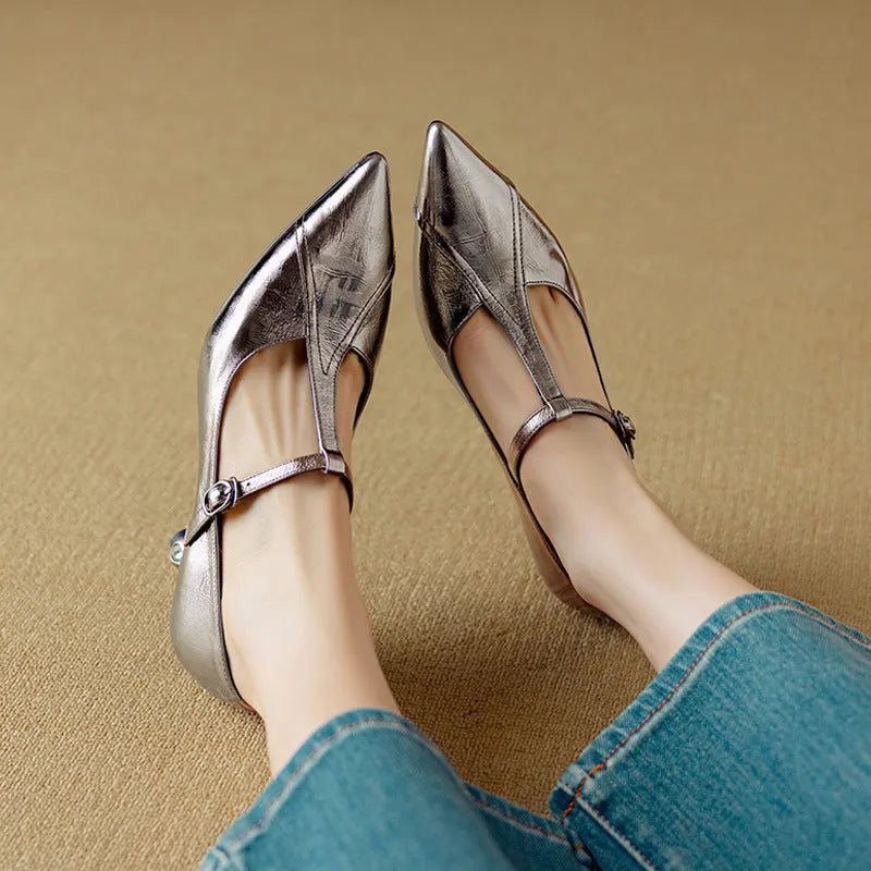 Genuine leather Mary Jane shoes with chunky heel in gun colour and pink options