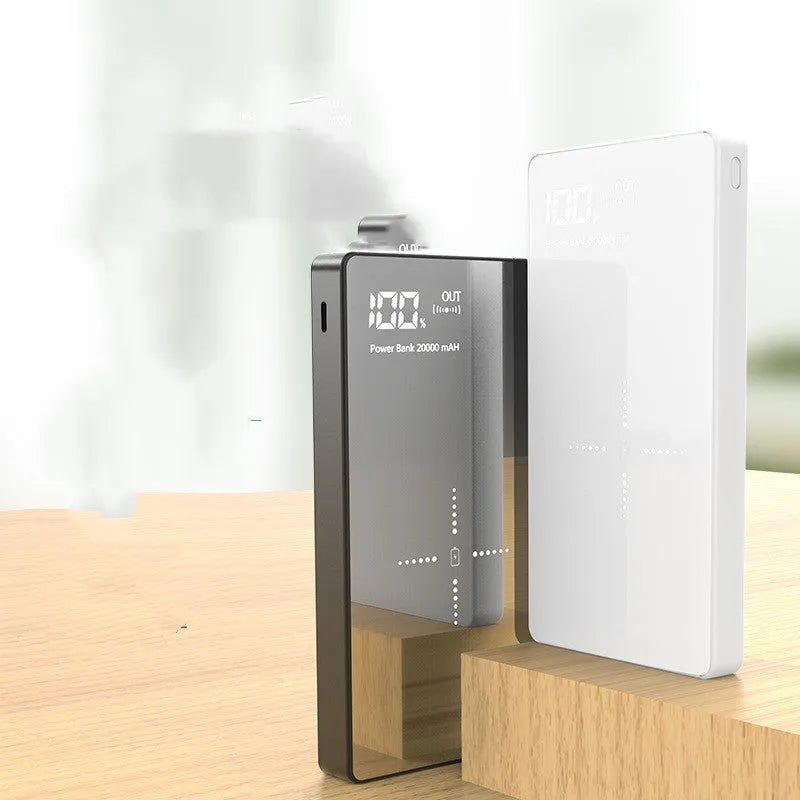 20000mAh power bank with digital display, dual USB ports, black or white mirror finish, size 73 mm x 153 mm x 22 mm
