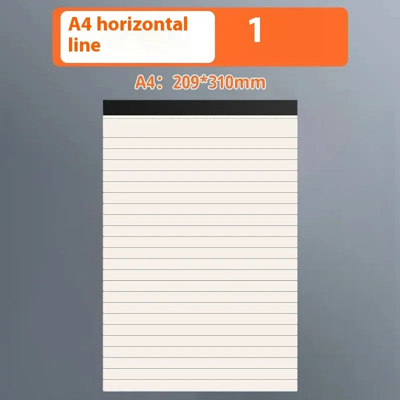 A5, B5 and A4 tearable writing pads with blank, grid, and horizontal line rulings, 80 sheets per notebook.