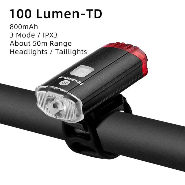 ROCKBROS black aluminium alloy bicycle headlight with 400 lumens USB rechargeable, 103x23x30mm