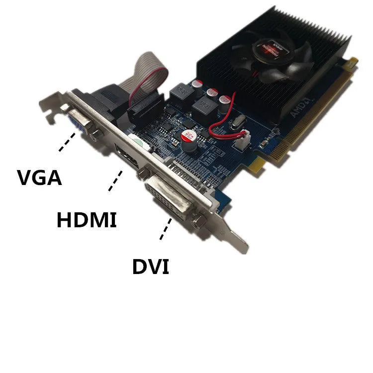 HD7450 black desktop graphics card with AMD H7450 chip, 2GB DDR3 memory, DVI VGA HDMI ports, PCI Express 2.0