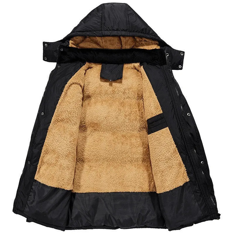 Black men's velvet-lined padded winter jacket with hood and double-breasted closure