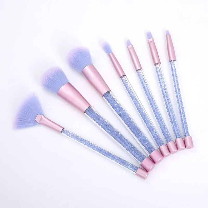 Seven-piece makeup brush set with rayon bristles, PU heads and 20cm long plastic handles in pink, blue and rose red